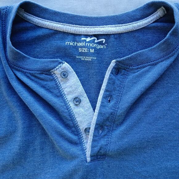 Michael Morgan Blue Henley T-Shirt Medium long sleeve tee cotton blend grey trim - Picture 7 of 14